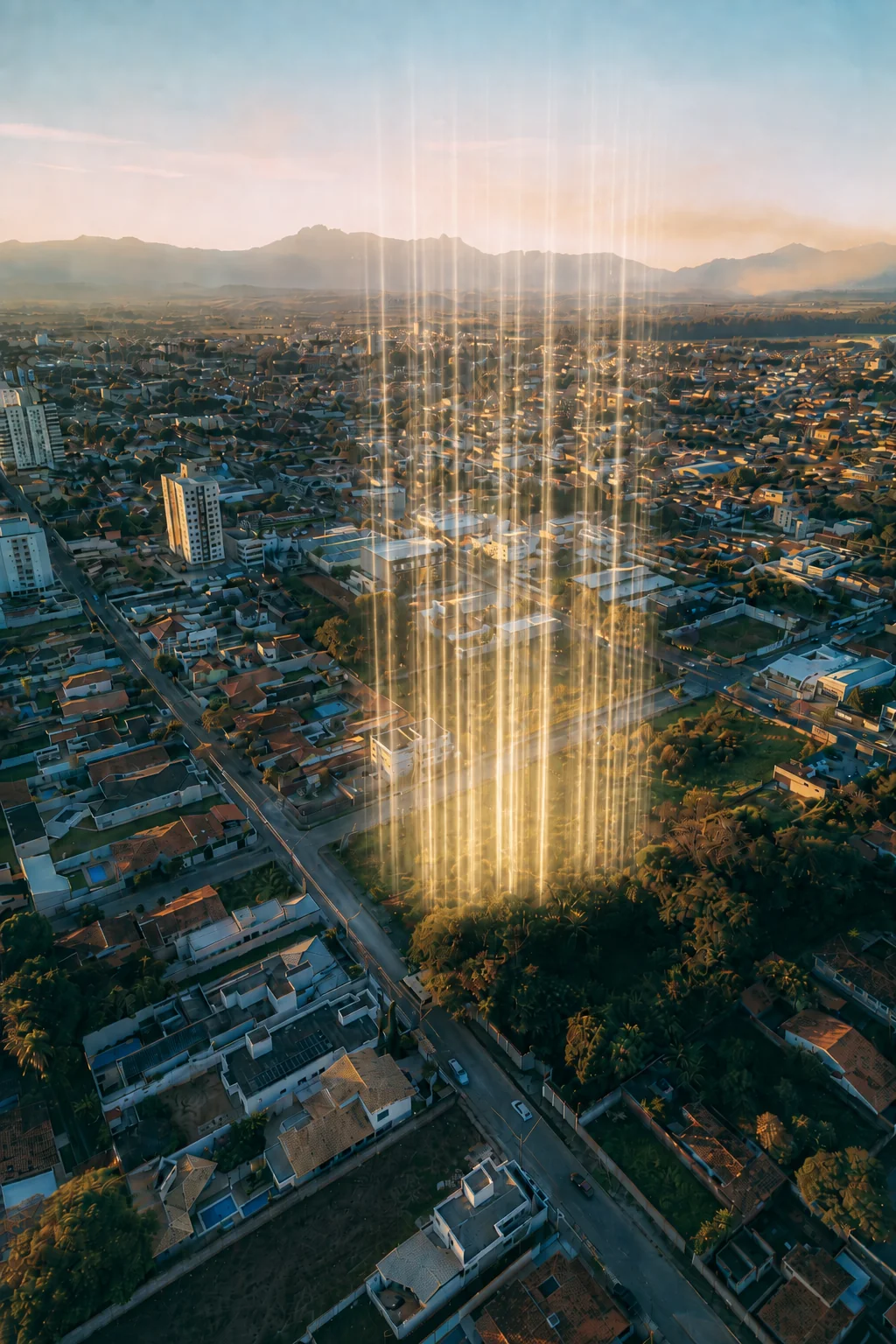 Vista aérea da região de Lorena, com o terreno do Paysage destacado por feixes de luz